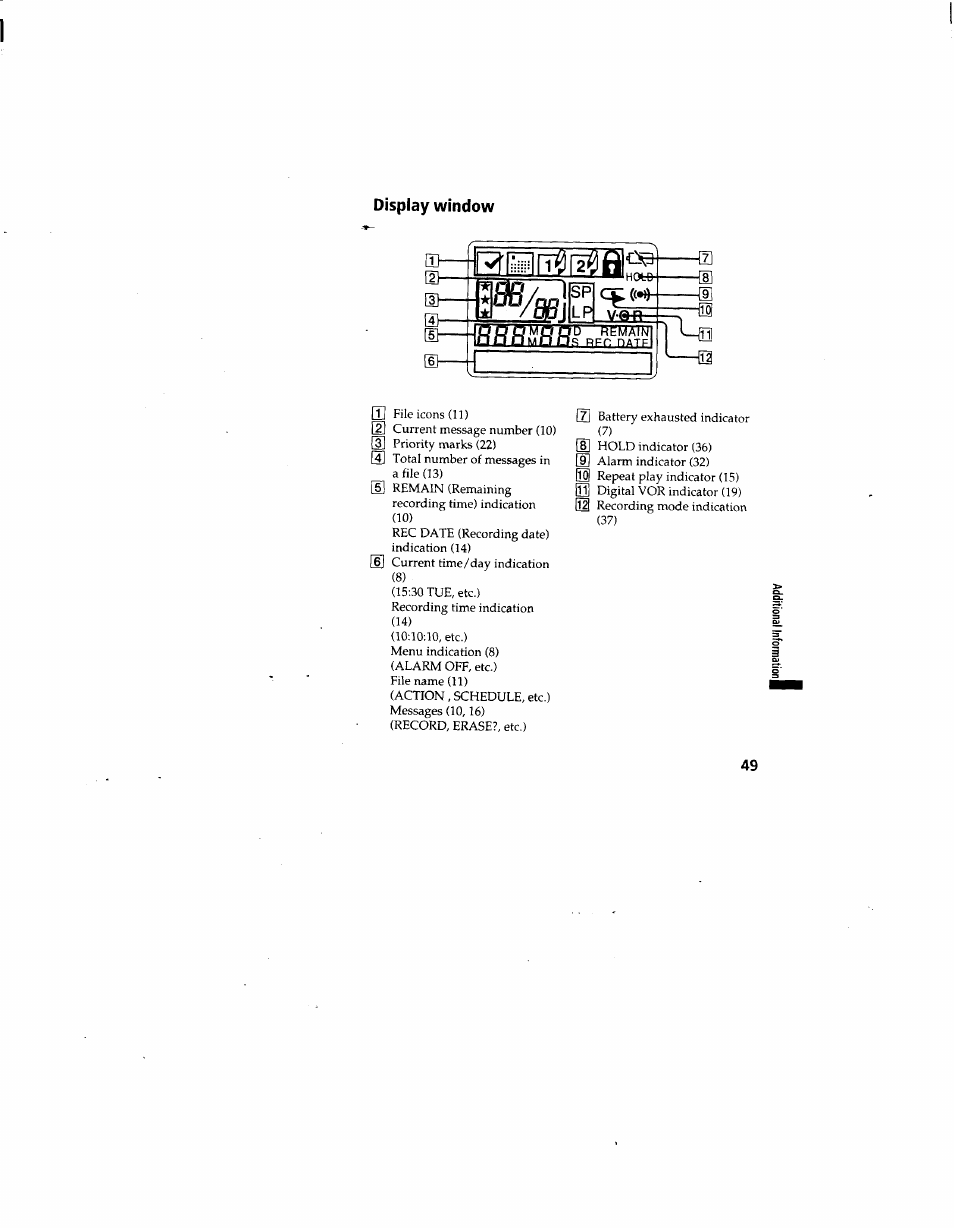Display window, A0;10;10, etc.) | Sony ICD-80 User Manual | Page 49 / 52