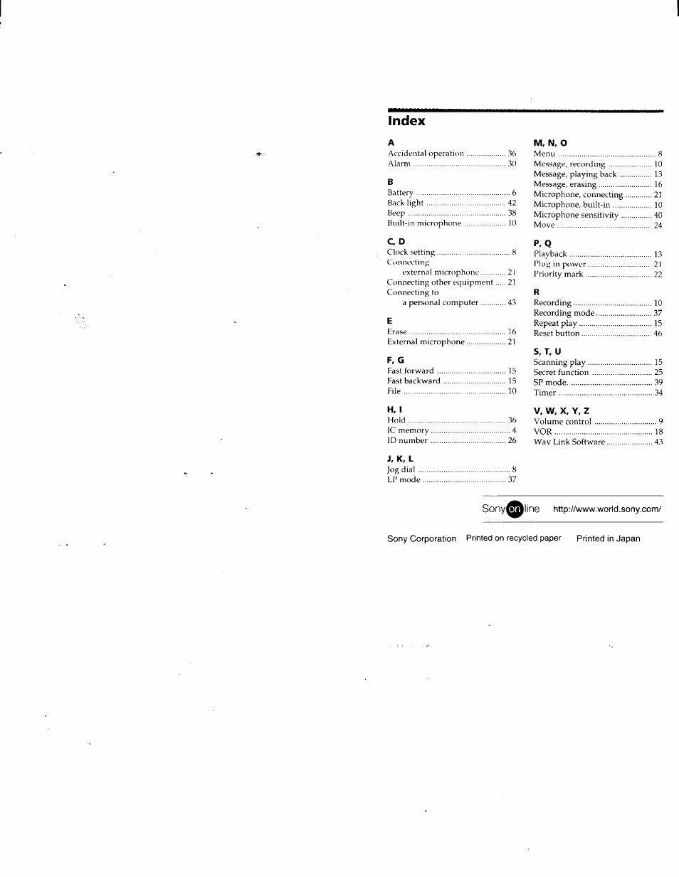 Index, S, t, u, P, q | Sony ICD-80 User Manual | Page 50 / 52