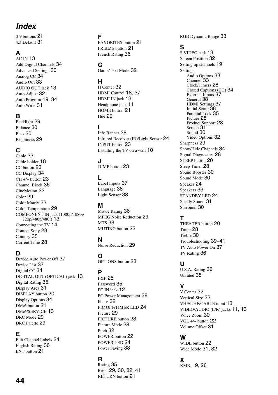 Index, 44 index | Sony KDL-40V3000 User Manual | Page 44 / 48
