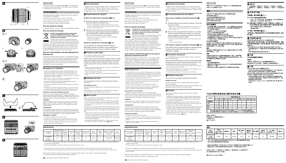 Rear side, Avertissement, Pour les clients au canada | Pour les clients de l’europe, Remarques sur l’utilisation, Noms des pièces, Fixation/retrait de l’objectif, Fixation du pare-soleil, Utilisation du zoom, Mise au point | Sony SAL-18250 User Manual | Page 2 / 2