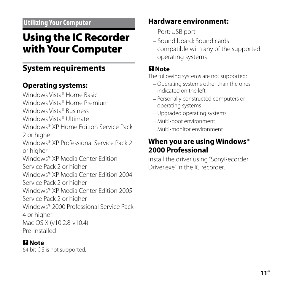 Utilizing your computer, Using the ic recorder with your computer, Using the ic recorder with your | Computer, System requirements | Sony ICD-UX80 User Manual | Page 11 / 60