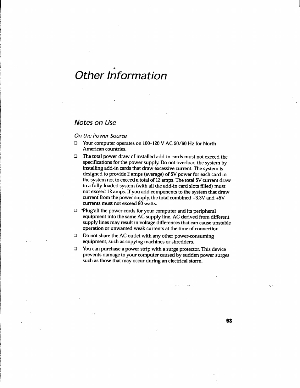 Other information, Notes on use, On the power source | Sony PCV-E205 User Manual | Page 100 / 119