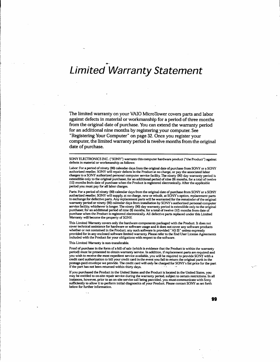 Limited warranty statement | Sony PCV-E205 User Manual | Page 105 / 119