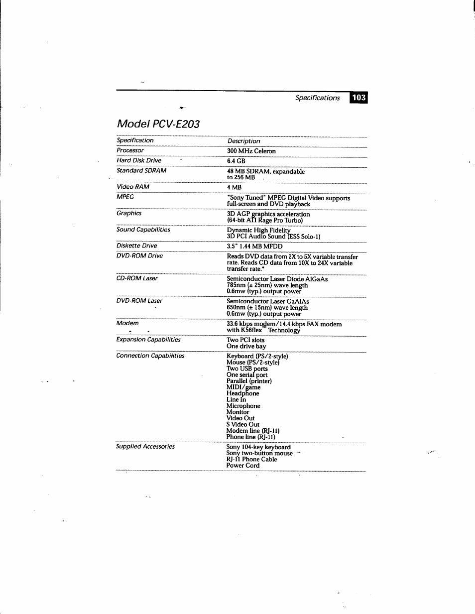 Model pcv-e203 | Sony PCV-E205 User Manual | Page 109 / 119
