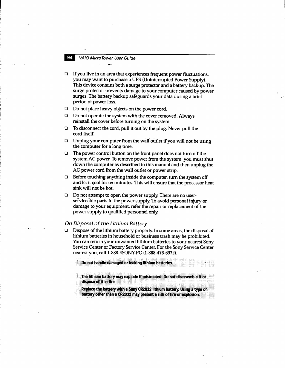 On disposal of the lithium battery | Sony PCV-E205 User Manual | Page 118 / 119