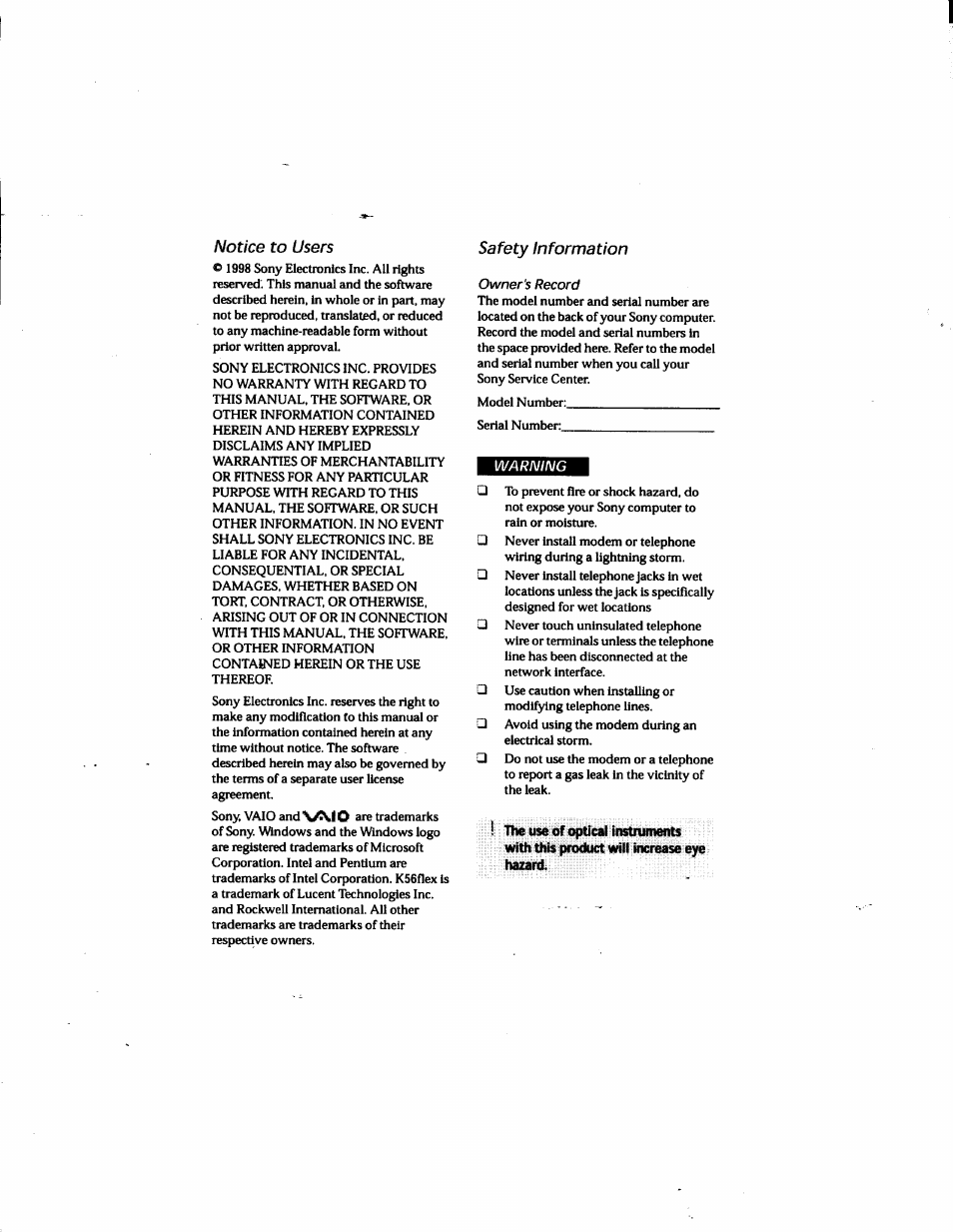 Notice to users, Safety information | Sony PCV-E205 User Manual | Page 2 / 119
