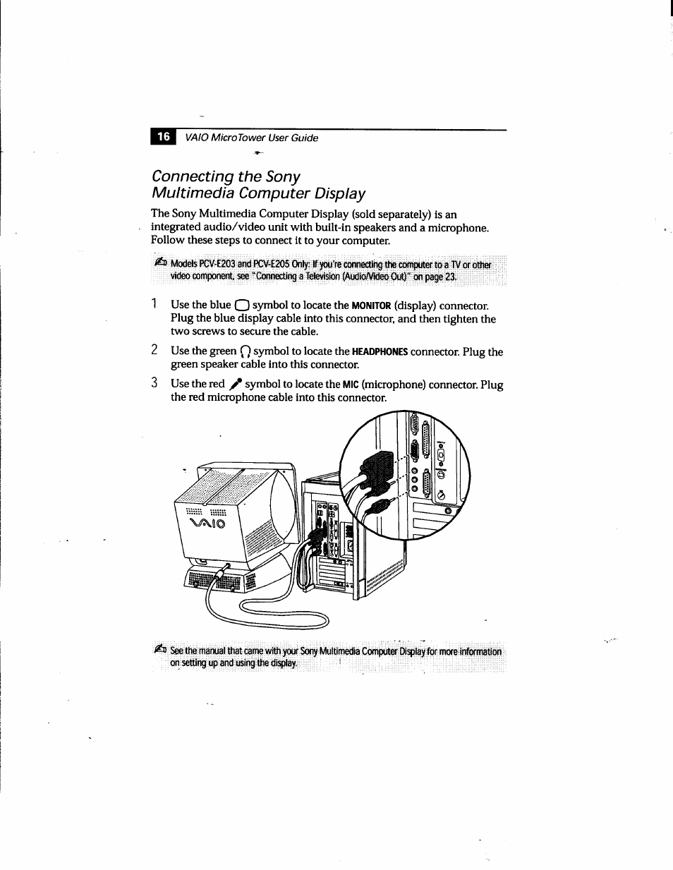 Connecting the sony multimedia computer display | Sony PCV-E205 User Manual | Page 24 / 119