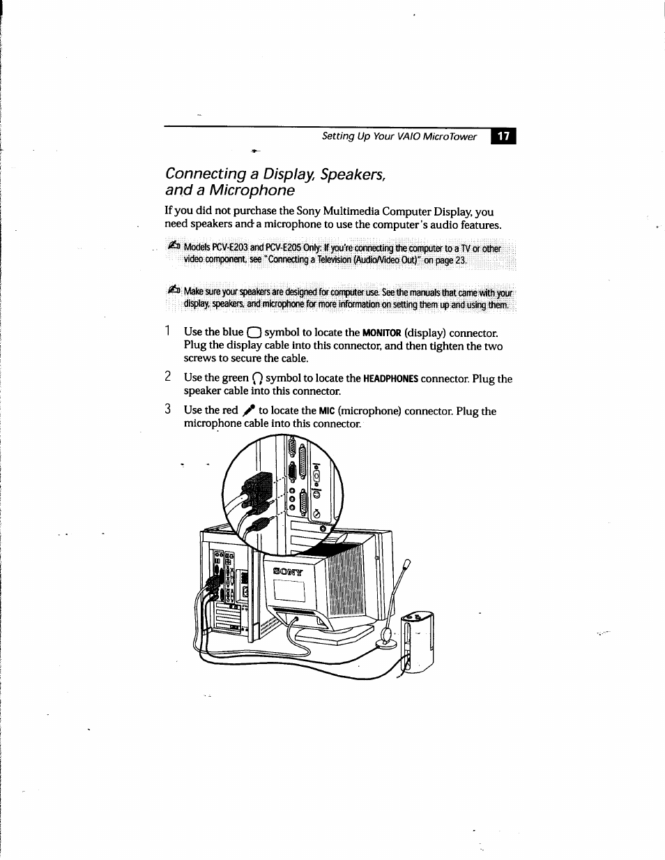 Connecting a display, speakers, and a microphone | Sony PCV-E205 User Manual | Page 25 / 119