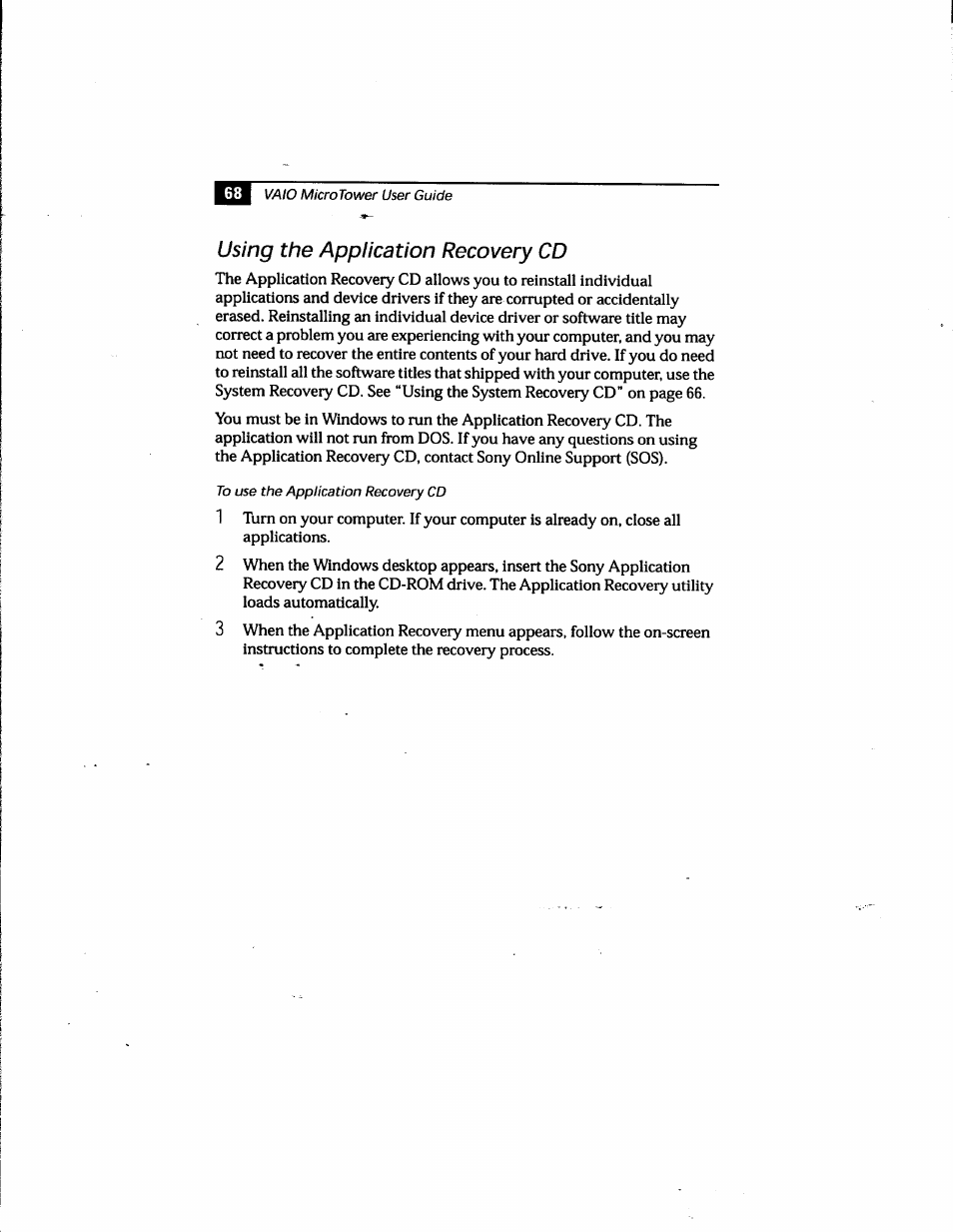 Using the application recovery cd | Sony PCV-E205 User Manual | Page 76 / 119