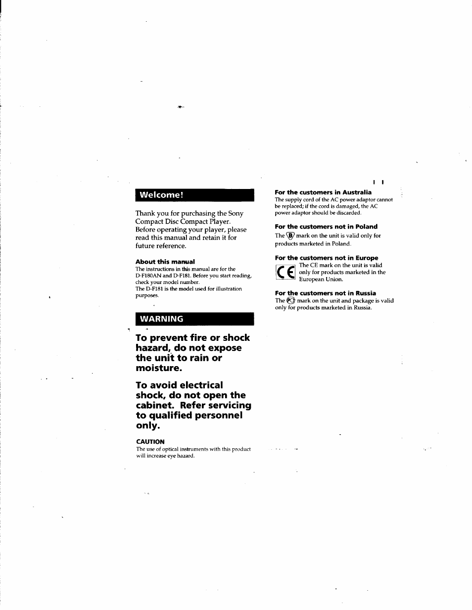 About this manual, For the customers in australia, For the customers not in poland | For the customers not in europe, For the customers not in russia, Caution | Sony D-F181 User Manual | Page 2 / 11