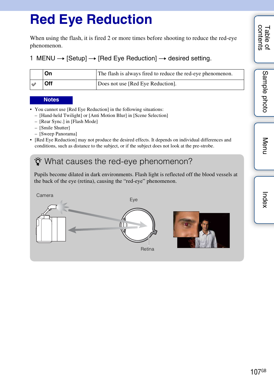 Red eye reduction, What causes the red-eye phenomenon | Sony NEX-3N User Manual | Page 107 / 198