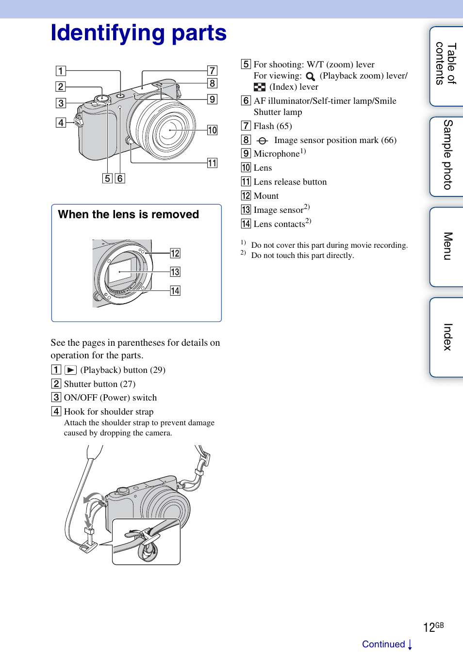 Identifying parts | Sony NEX-3N User Manual | Page 12 / 198