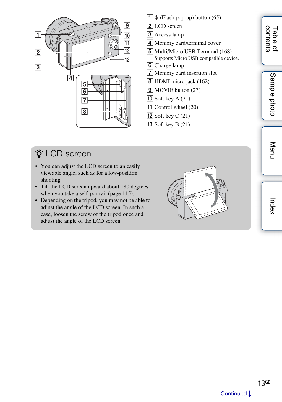 Lcd screen | Sony NEX-3N User Manual | Page 13 / 198