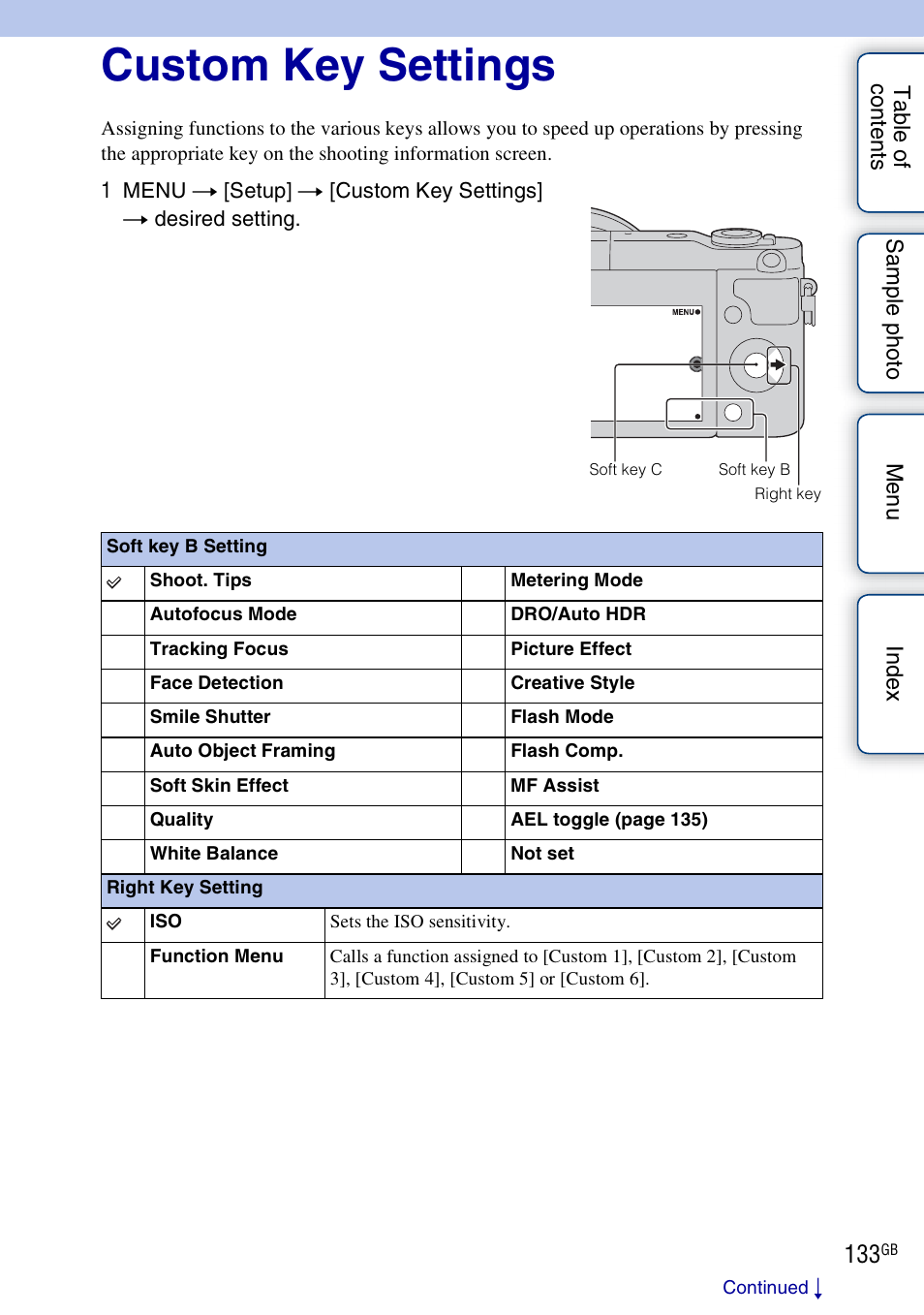 Custom key settings | Sony NEX-3N User Manual | Page 133 / 198