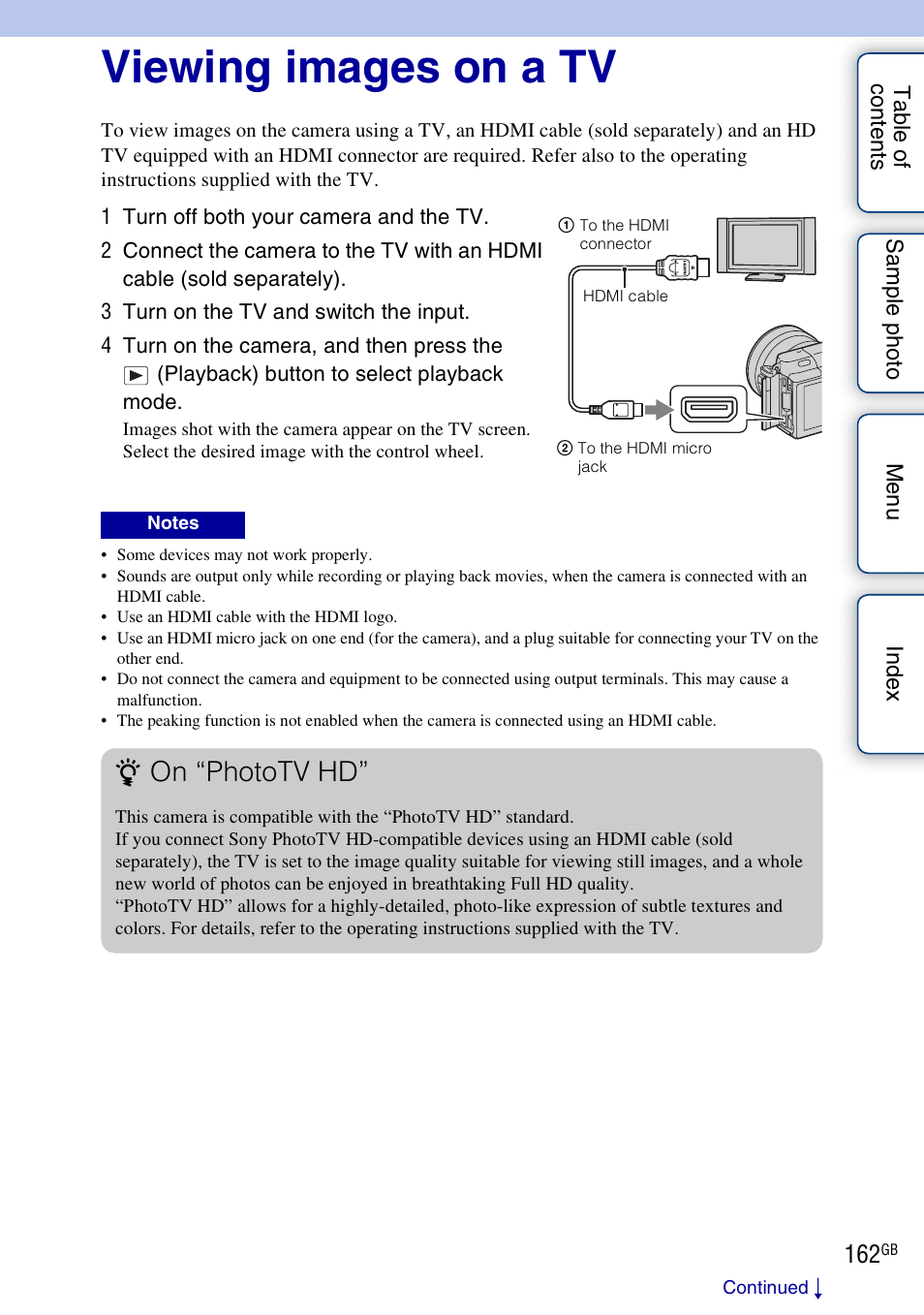 Viewing images on a tv, Connecting with other equipment, On “phototv hd | Sony NEX-3N User Manual | Page 162 / 198