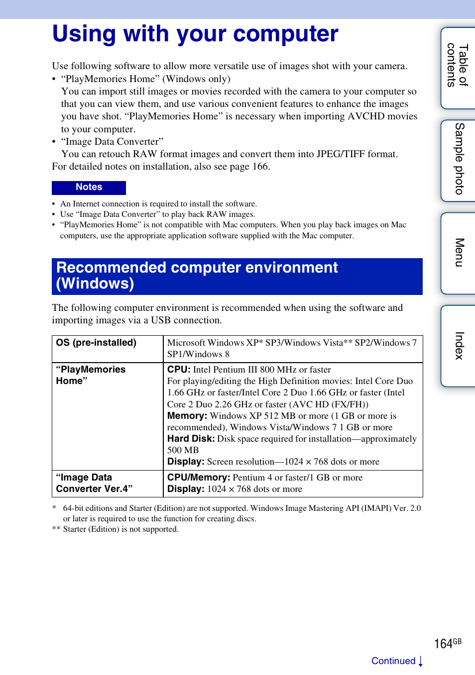 Using with your computer, Recommended computer environment (windows) | Sony NEX-3N User Manual | Page 164 / 198