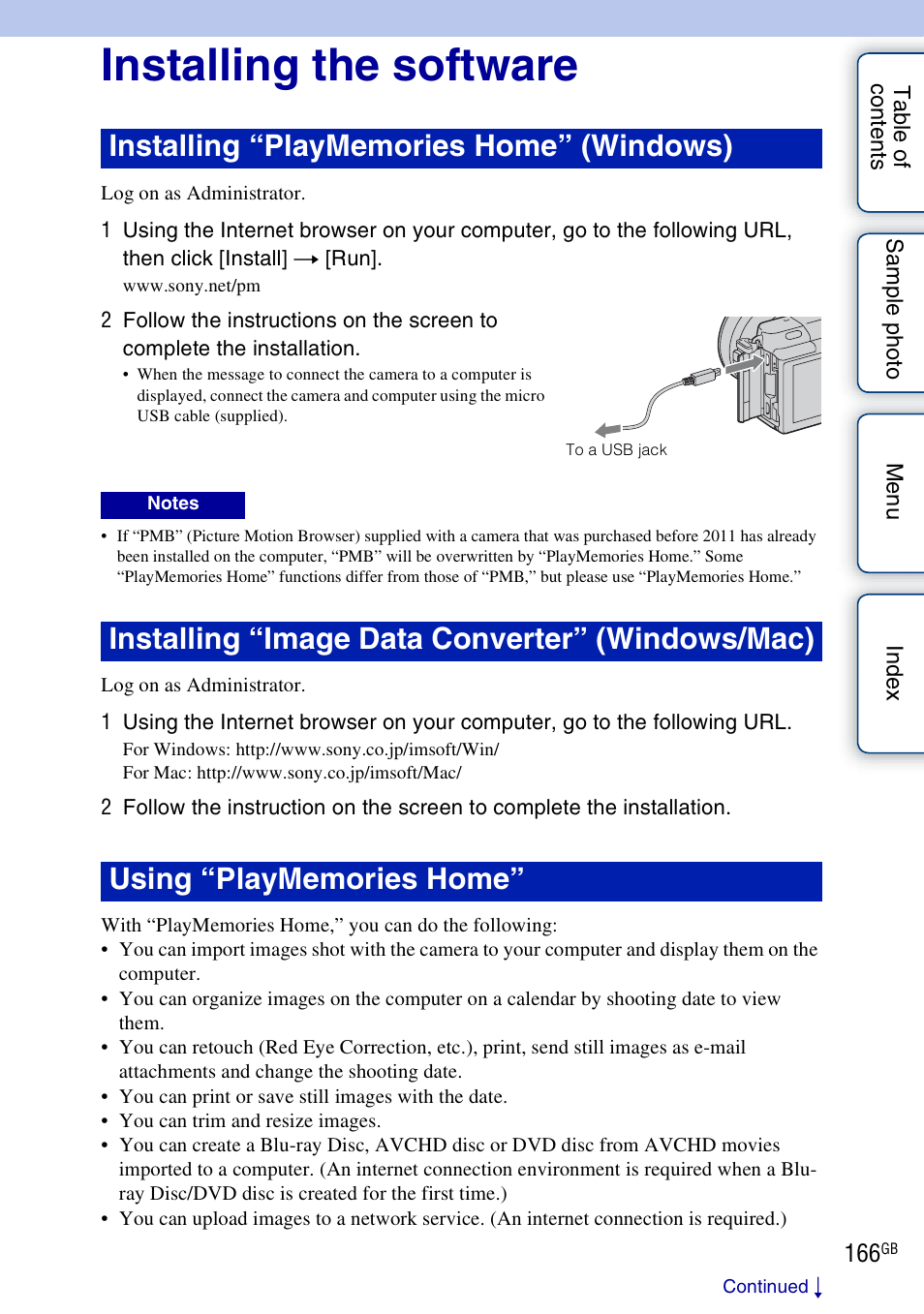 Installing the software, Installing “image data converter” (windows/mac) | Sony NEX-3N User Manual | Page 166 / 198