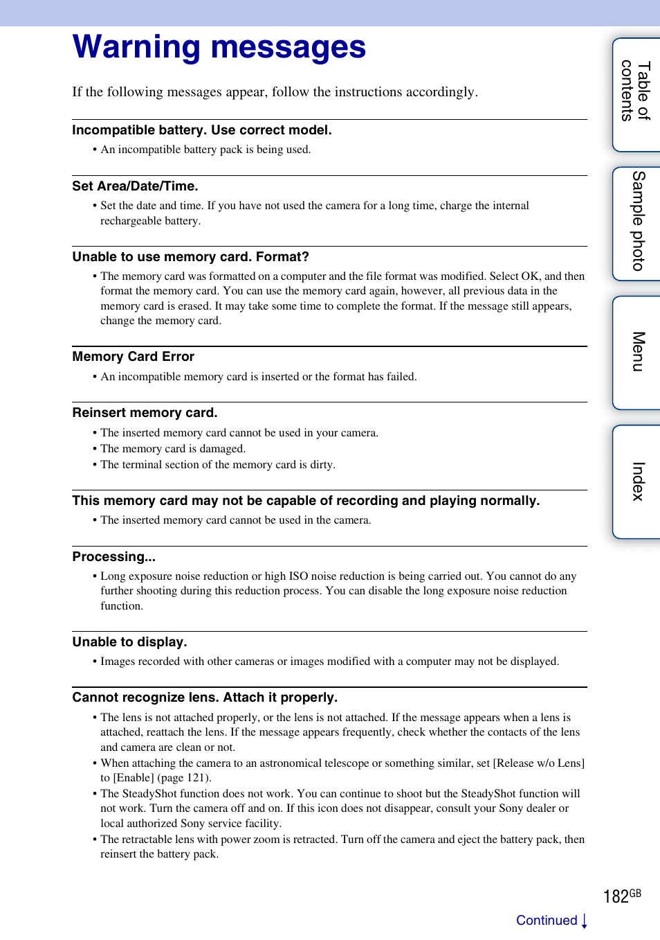 Warning messages | Sony NEX-3N User Manual | Page 182 / 198