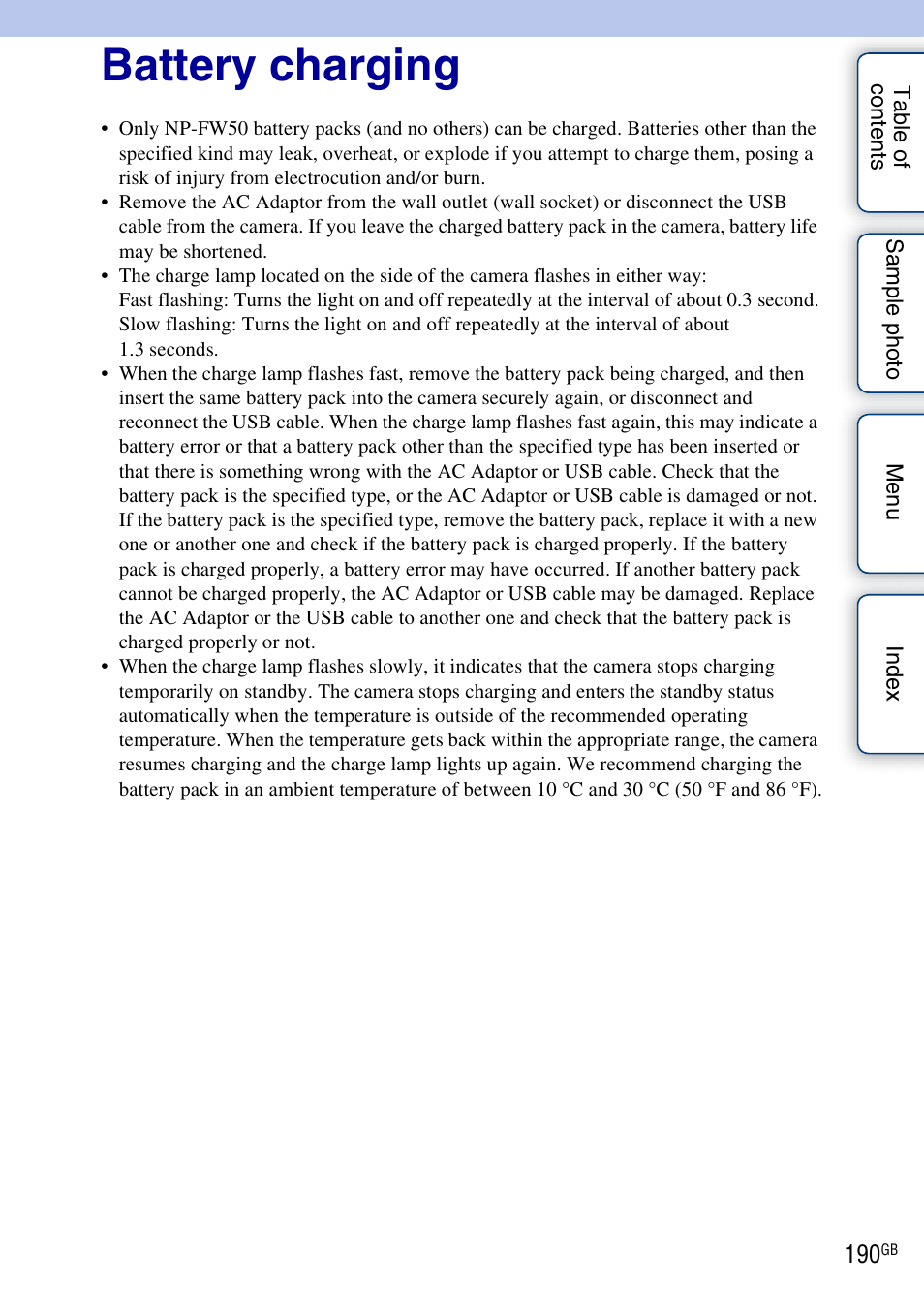 Battery charging | Sony NEX-3N User Manual | Page 190 / 198