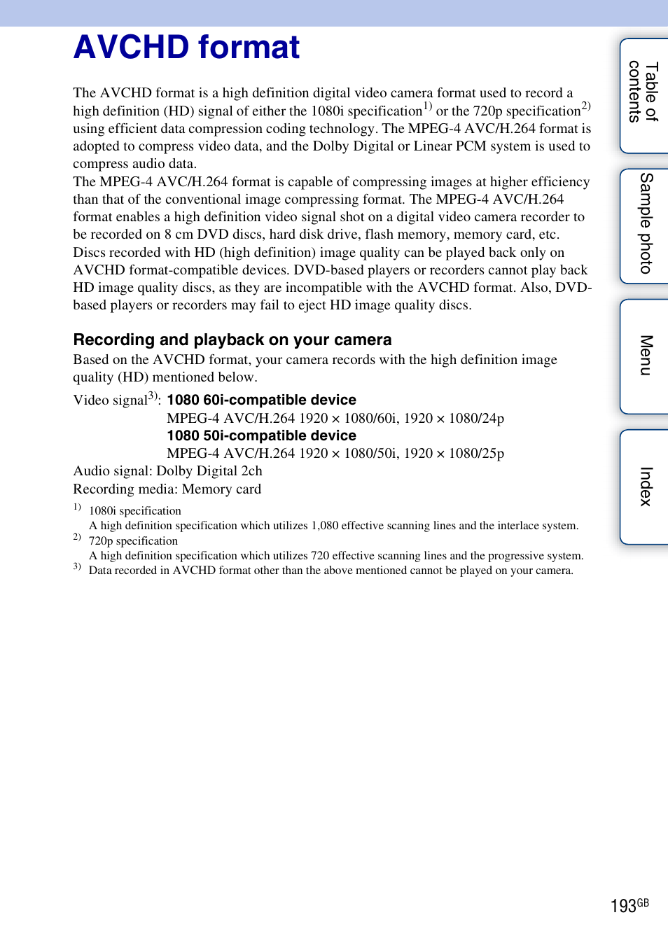 Avchd format | Sony NEX-3N User Manual | Page 193 / 198