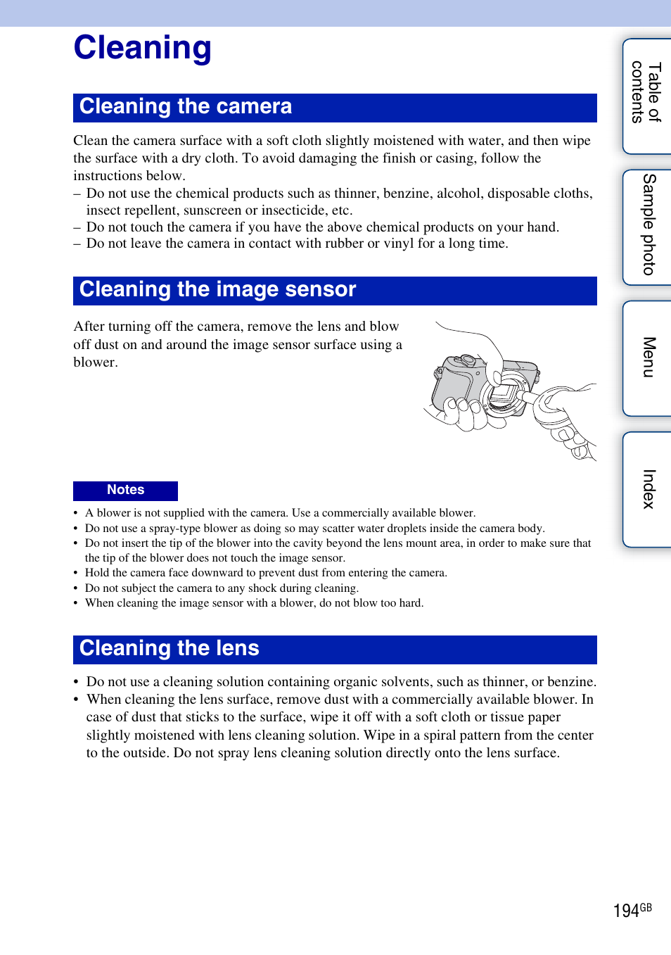 Cleaning, Cleaning the camera cleaning the image sensor, Cleaning the lens | Sony NEX-3N User Manual | Page 194 / 198