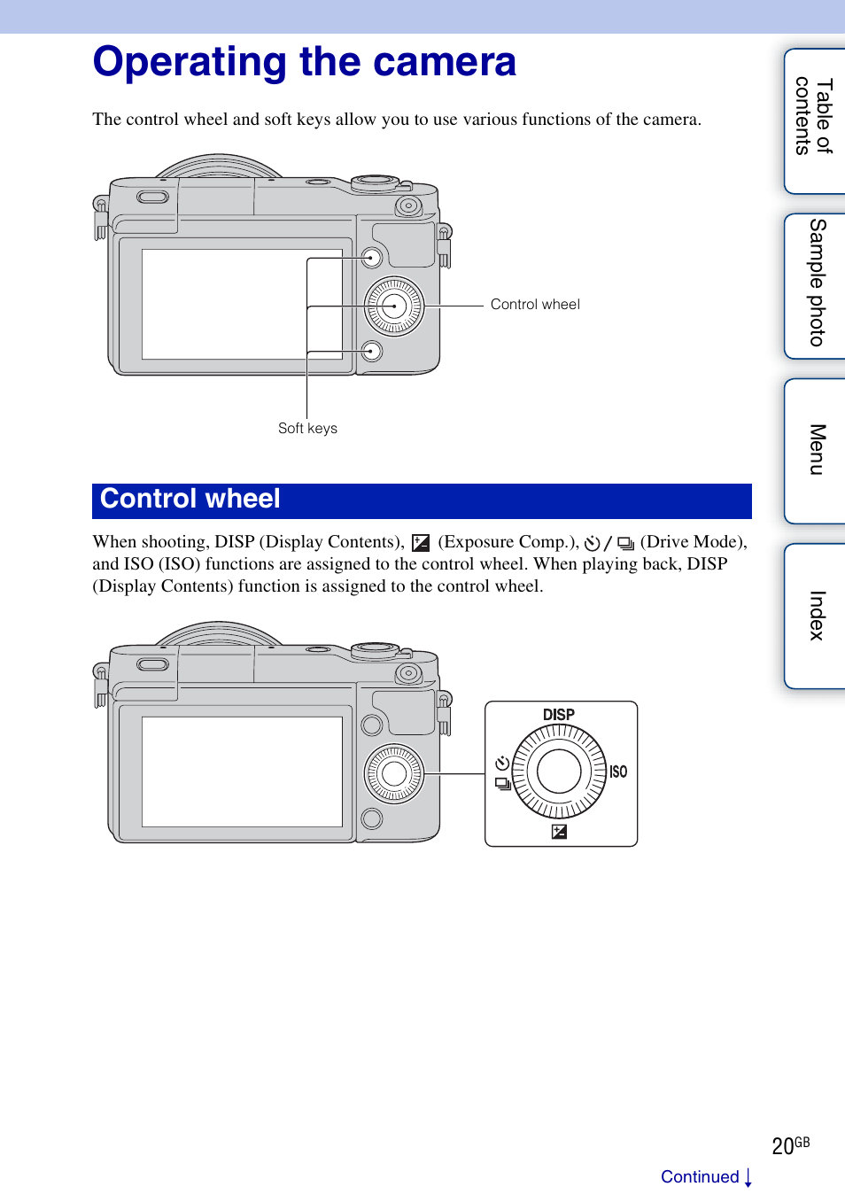 Operating the camera, Basic operations, Control wheel | Sony NEX-3N User Manual | Page 20 / 198