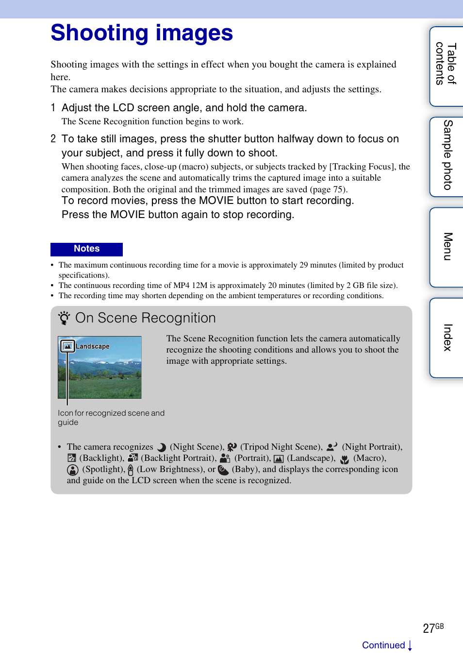 Shooting images, On scene recognition | Sony NEX-3N User Manual | Page 27 / 198