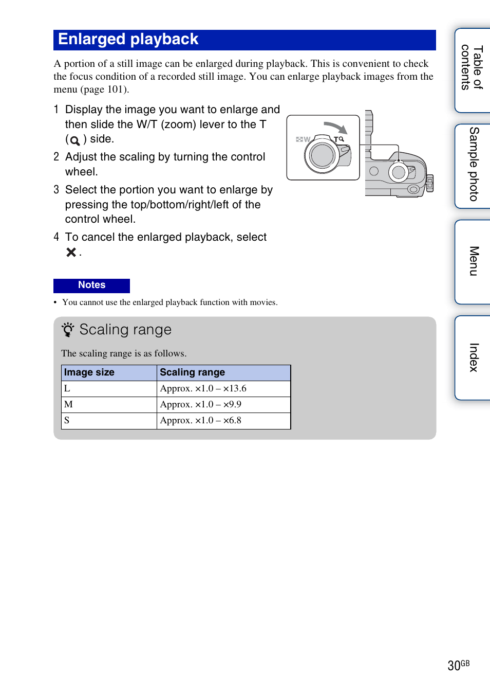 Enlarged playback, Scaling range | Sony NEX-3N User Manual | Page 30 / 198