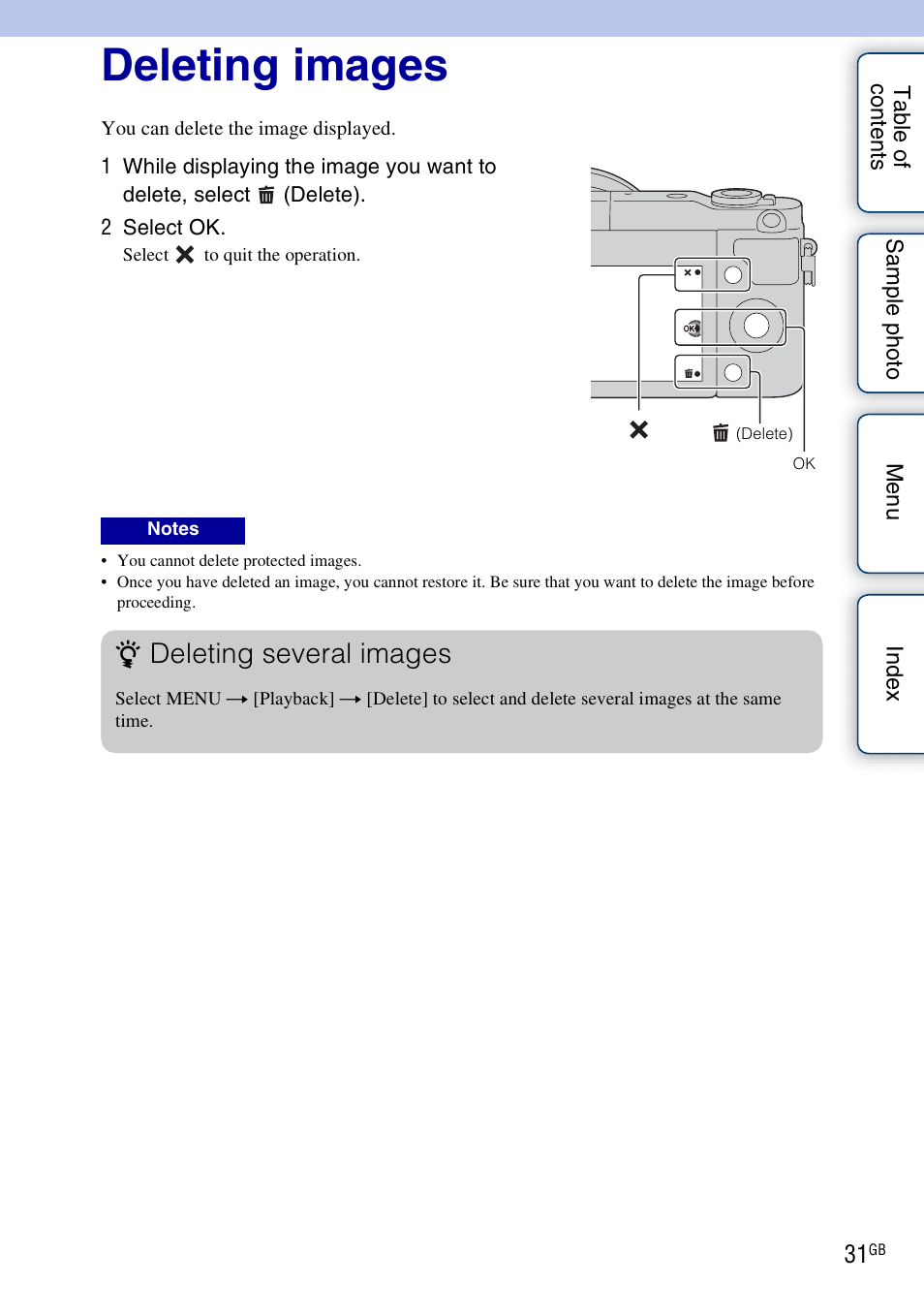 Deleting images, Deleting several images | Sony NEX-3N User Manual | Page 31 / 198