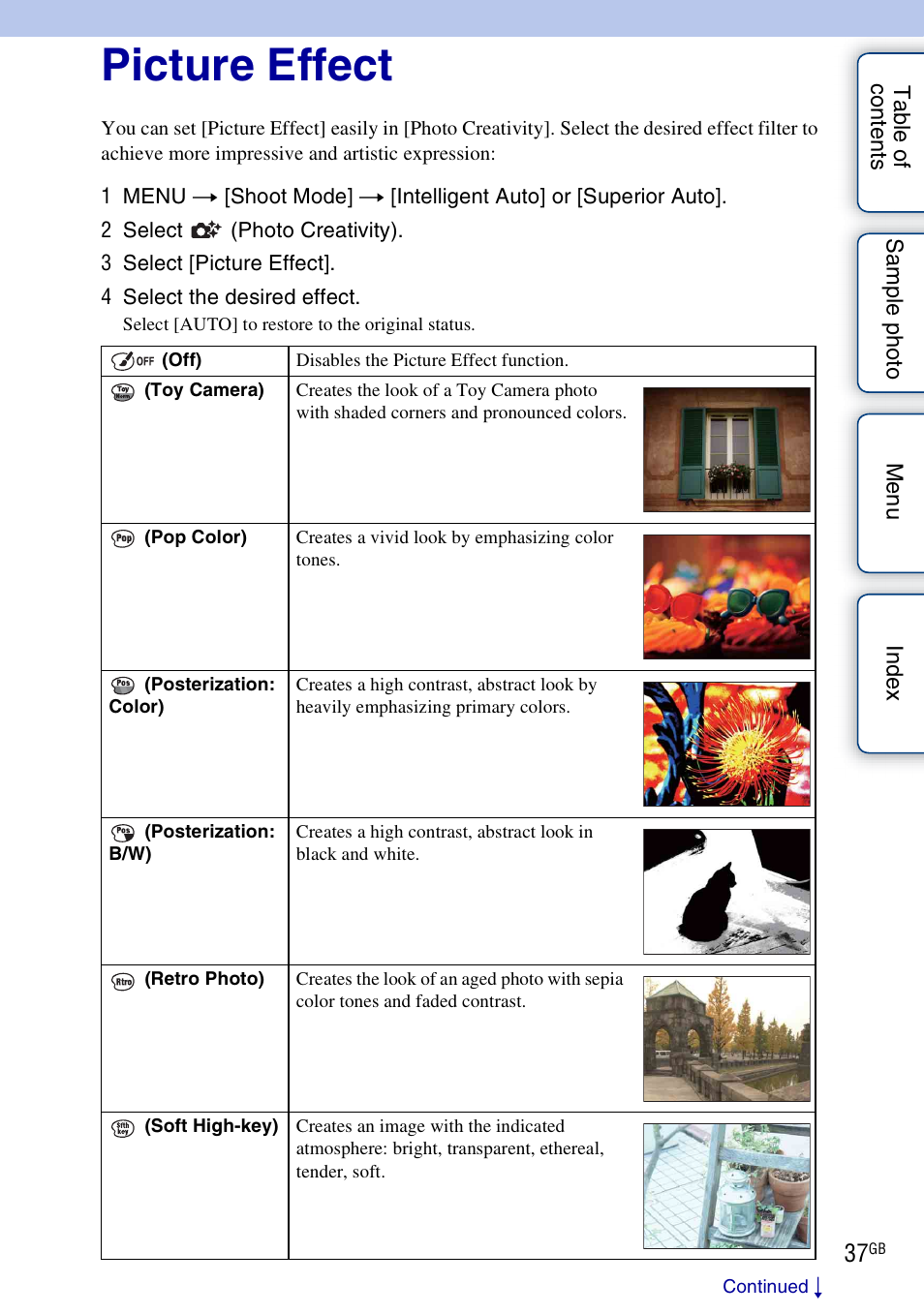 Picture effect | Sony NEX-3N User Manual | Page 37 / 198