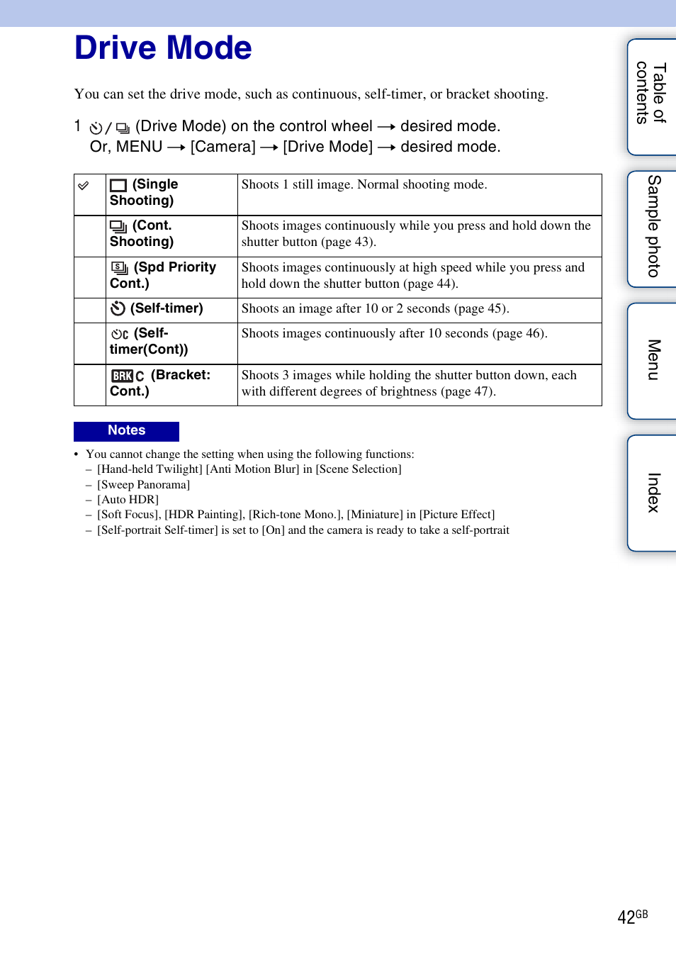 Drive mode | Sony NEX-3N User Manual | Page 42 / 198