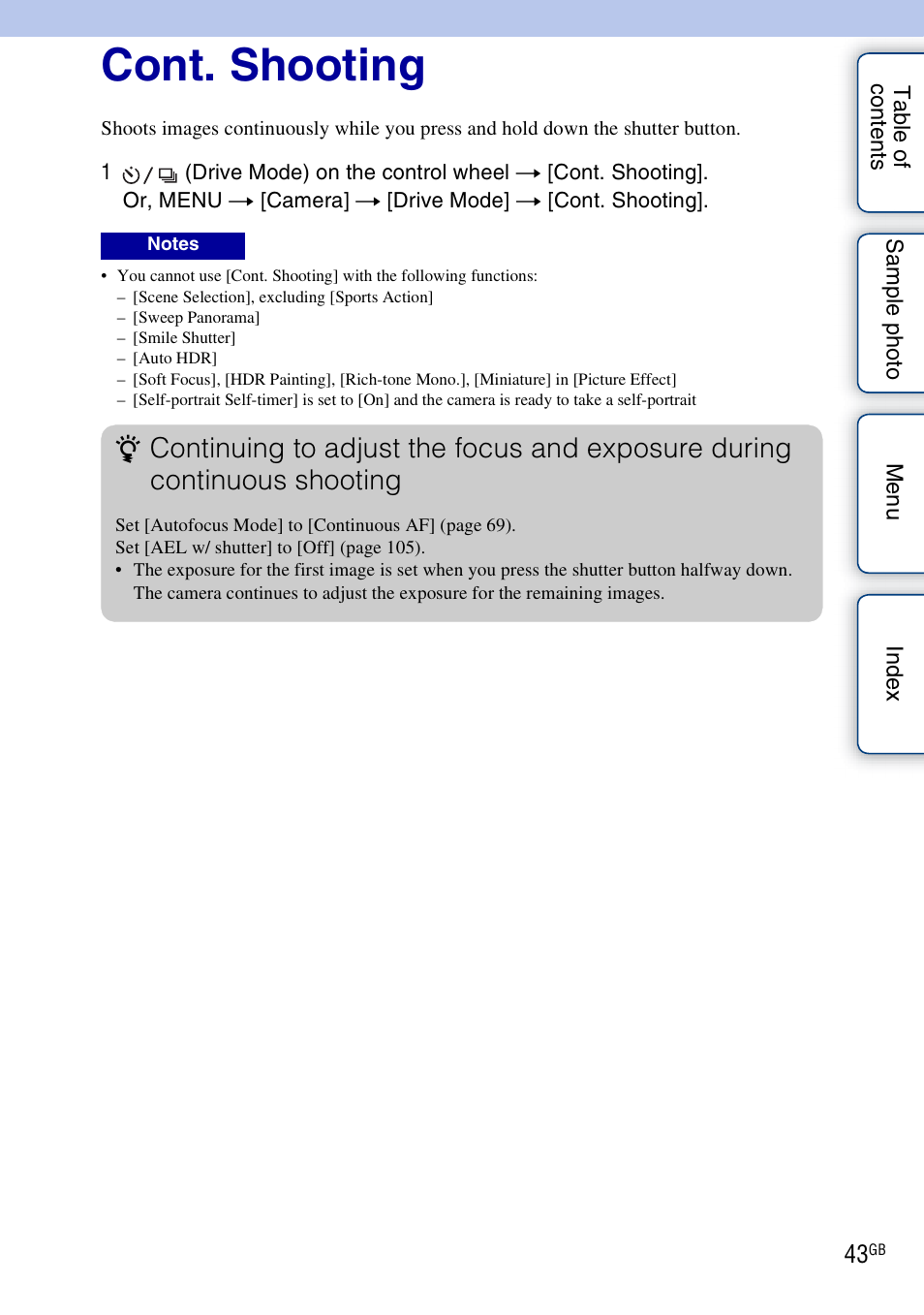 Cont. shooting | Sony NEX-3N User Manual | Page 43 / 198