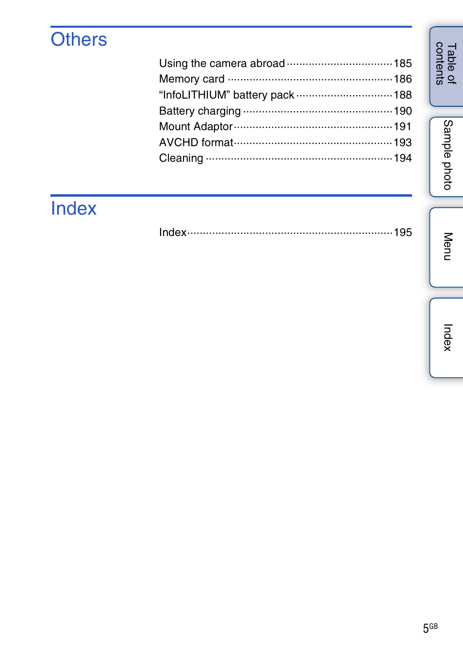 Others, Index | Sony NEX-3N User Manual | Page 5 / 198