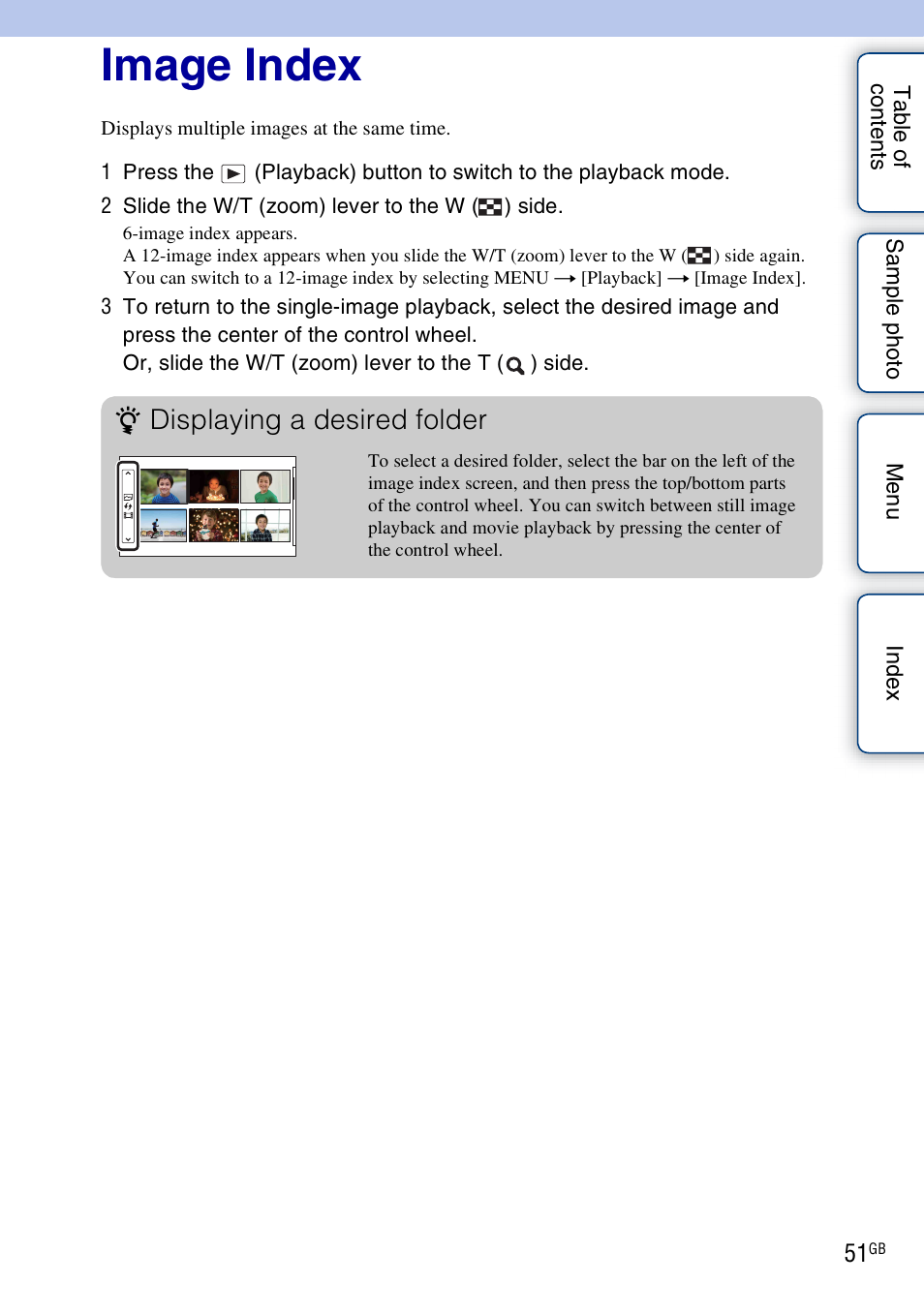 Image index, Displaying a desired folder | Sony NEX-3N User Manual | Page 51 / 198