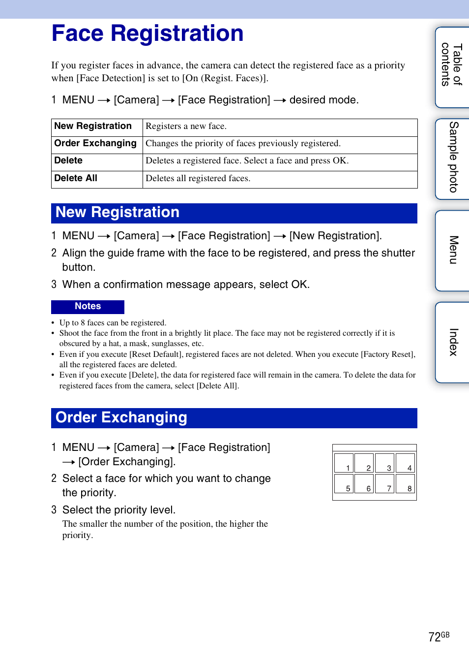 Face registration, New registration, Order exchanging | Sony NEX-3N User Manual | Page 72 / 198