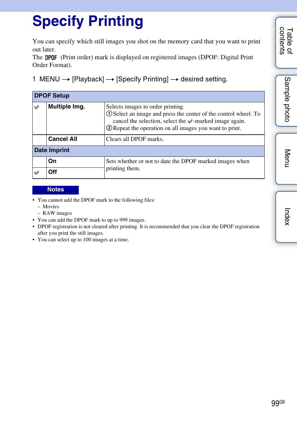 Specify printing | Sony NEX-3N User Manual | Page 99 / 198