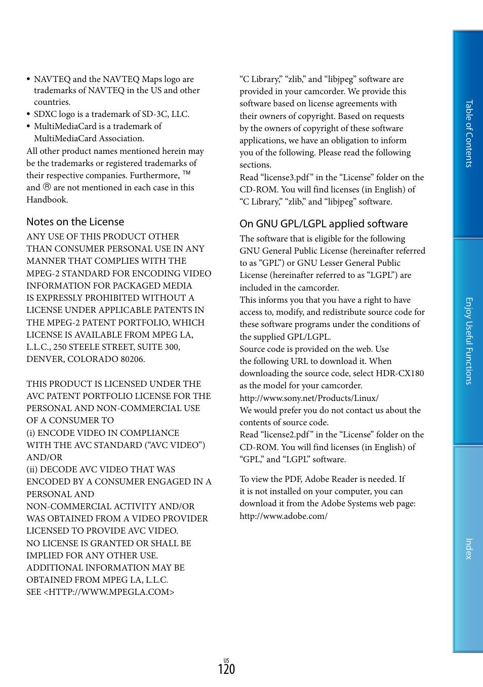 On gnu gpl/lgpl applied software | Sony HDR-XR160 User Manual | Page 120 / 129
