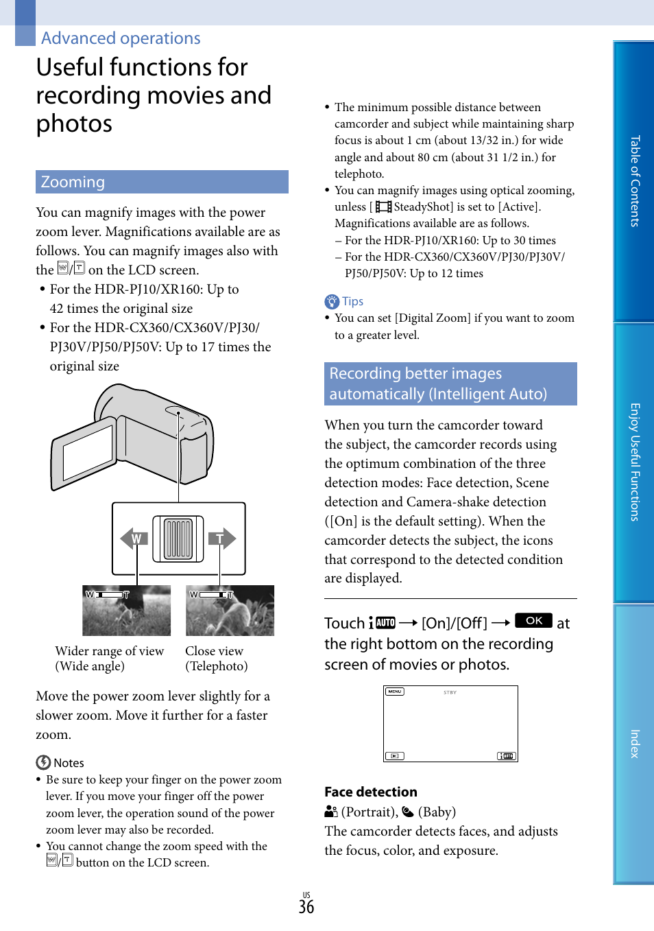 Advanced operations, Useful functions for recording movies and photos, Zooming | O (36) | Sony HDR-XR160 User Manual | Page 36 / 129