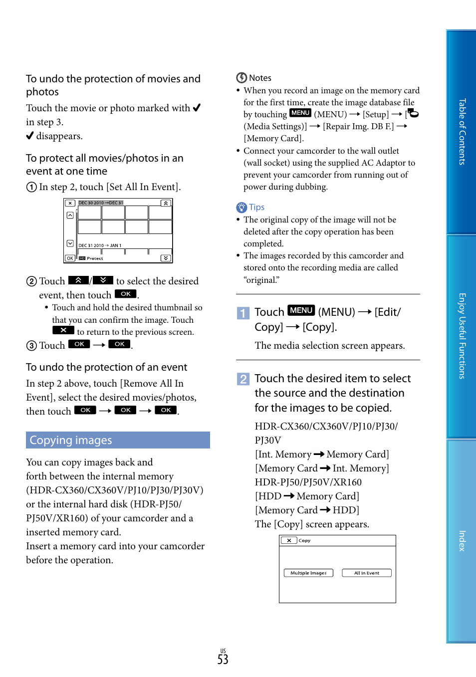 Copying images | Sony HDR-XR160 User Manual | Page 53 / 129