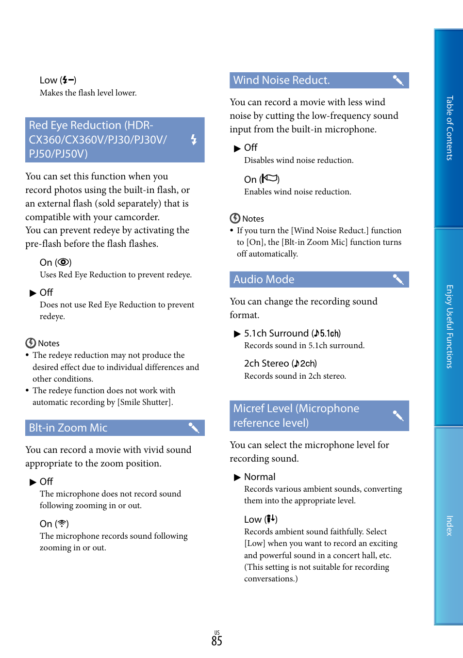 Blt-in zoom mic, Wind noise reduct, Audio mode | Micref level (microphone reference level) | Sony HDR-XR160 User Manual | Page 85 / 129