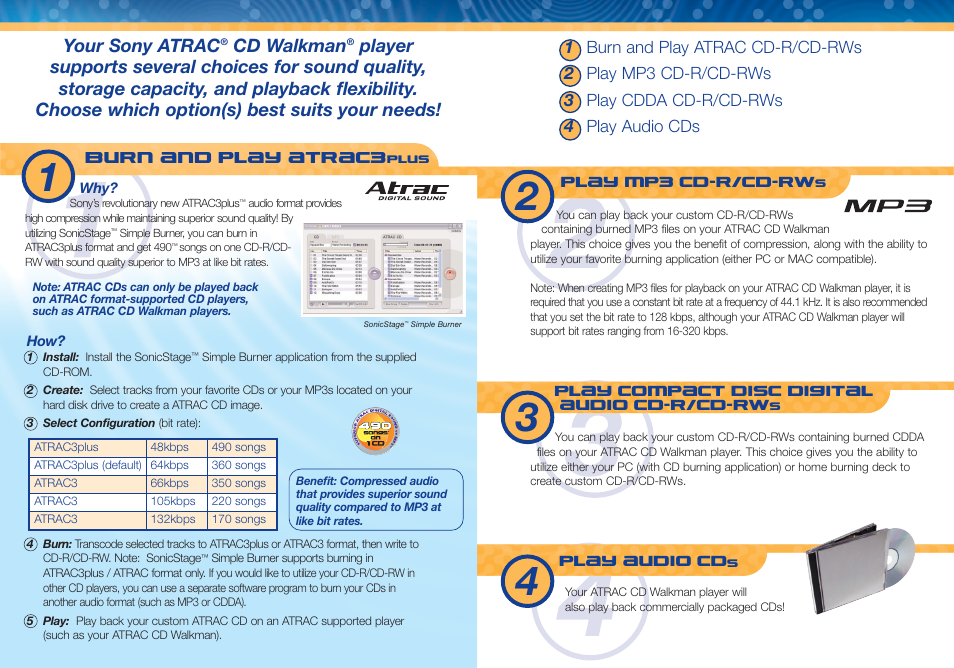 Your sony atrac, Cd walkman, Burn and play atrac3 | Sony D-NE710 User Manual | Page 2 / 2