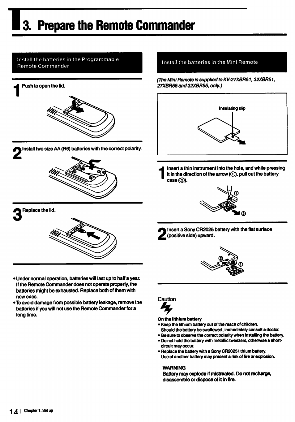 Prepare the remote commander | Sony KV-27XBR55 User Manual | Page 14 / 70