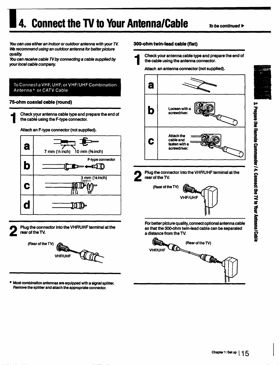 Ohm twin-lead cable (flat), Ohm coaxial cable (round), Connect the tv to ybur antenna/cable | Sony KV-27XBR55 User Manual | Page 15 / 70