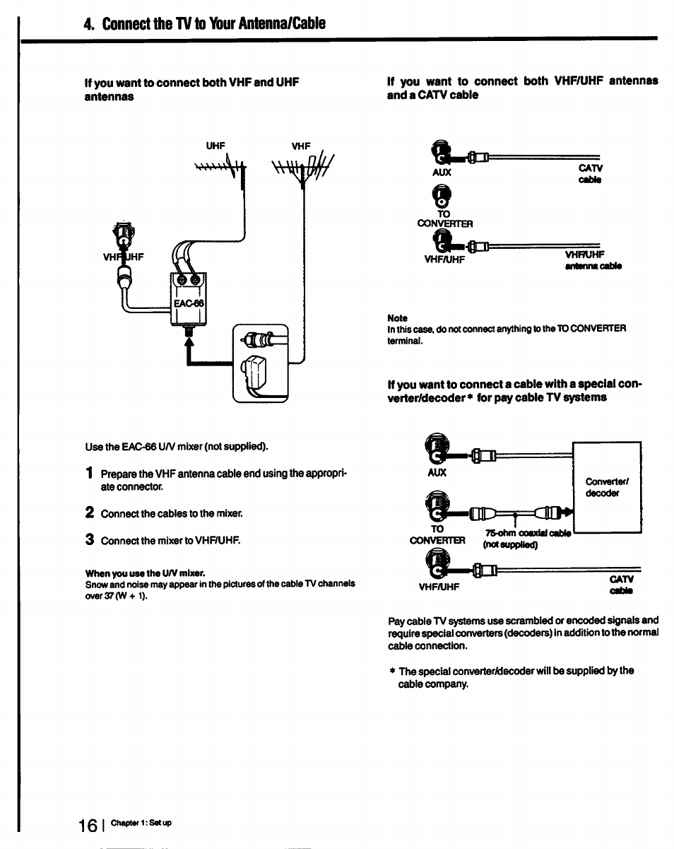 Connect the tv to yburantenna/cabie, If you want to connect both vhp and uhf antennas, Connect the tv to your antenna/cable | Sony KV-27XBR55 User Manual | Page 16 / 70