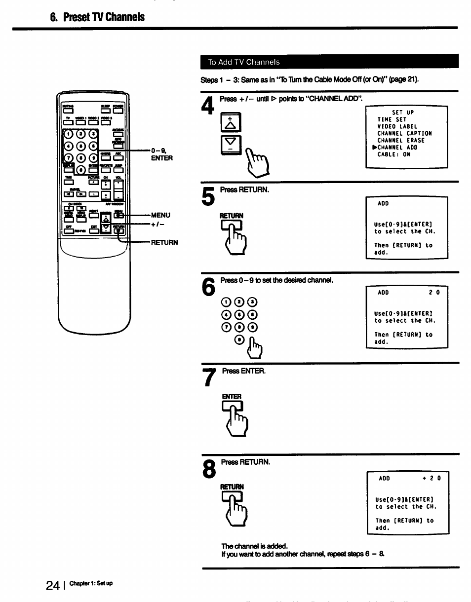 Preset tv channels | Sony KV-27XBR55 User Manual | Page 24 / 70