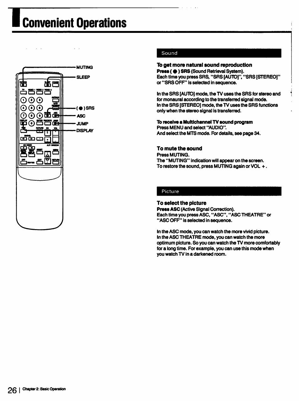 To get more natural sound reproduction, To mute the sound, To select the picture | Convenient operations | Sony KV-27XBR55 User Manual | Page 26 / 70