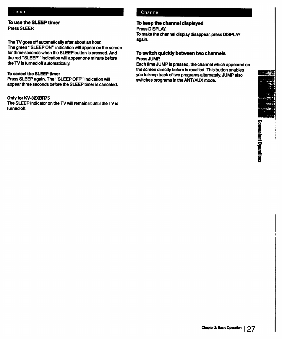 To use the sleep timer, To keep the channel displayed, To switch quickly between two channels | Sony KV-27XBR55 User Manual | Page 27 / 70