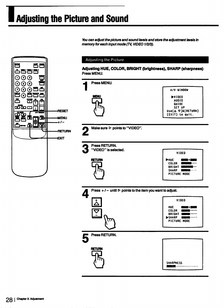 Hue am, Color am bright aai, Adjusting the picture and sound | 28 i | Sony KV-27XBR55 User Manual | Page 28 / 70