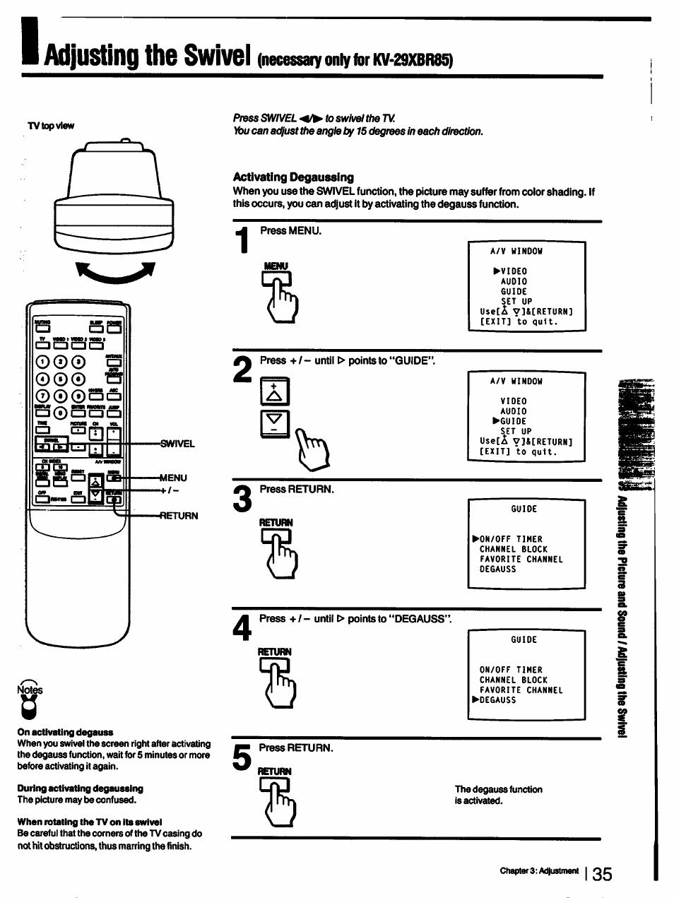 Activating degaussing, O©0 a 00© ft, Activating the degauss | Adjusting the swivel, O©0 a | Sony KV-27XBR55 User Manual | Page 35 / 70