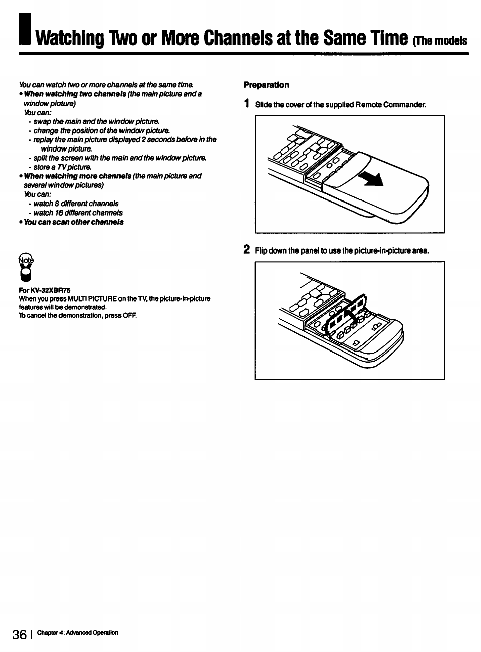 Preparation, Watching two or more channels at the same time | Sony KV-27XBR55 User Manual | Page 36 / 70